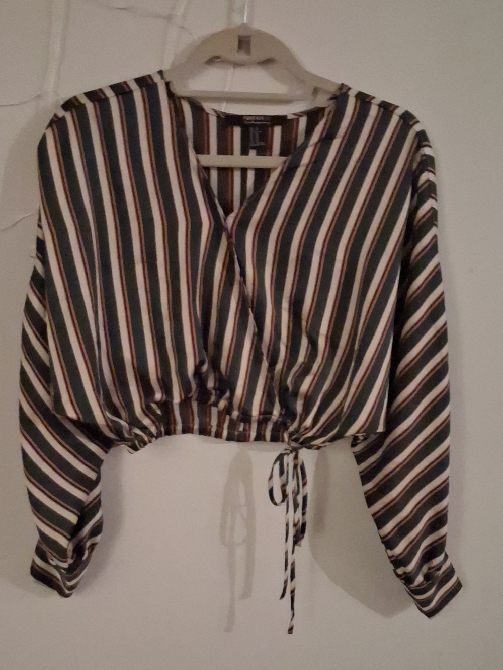 Forever 21 Black, White & Cream Striped Drawstring Wrap Top